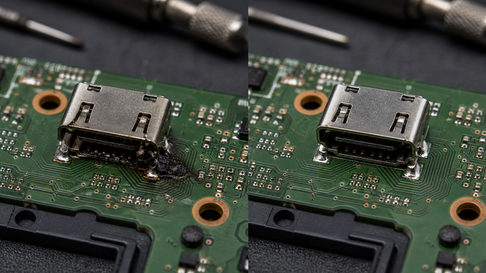 Разъём HDMI до пайки и после восстановления