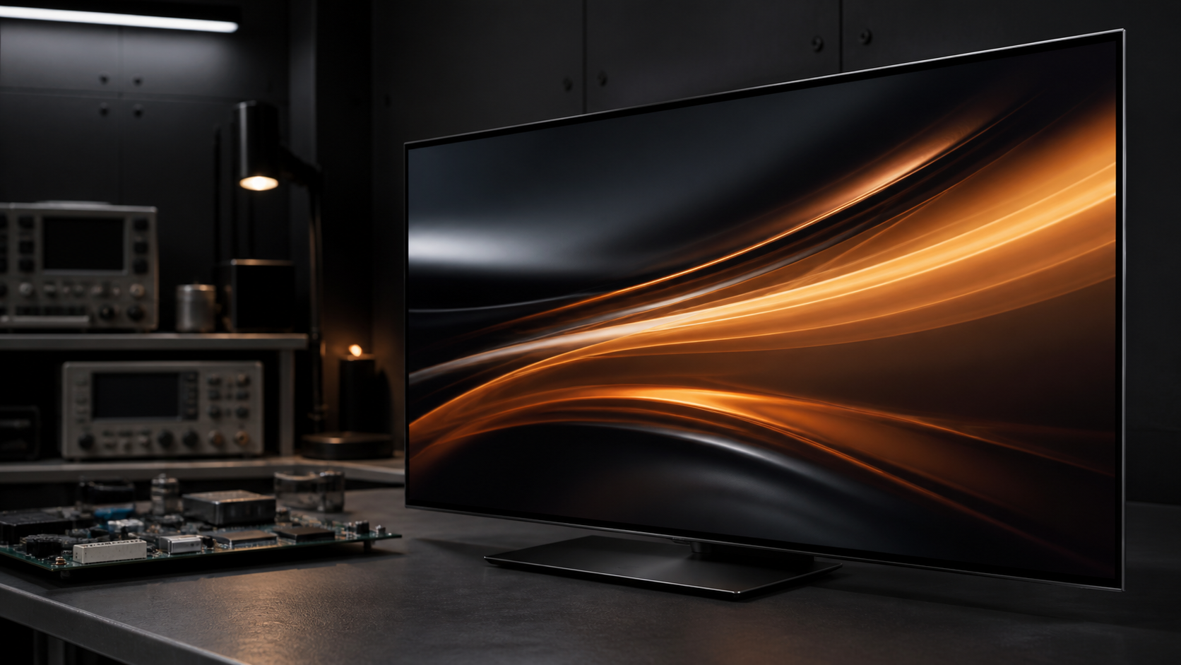 Современный OLED-телевизор в мастерской с диагностическим оборудованием